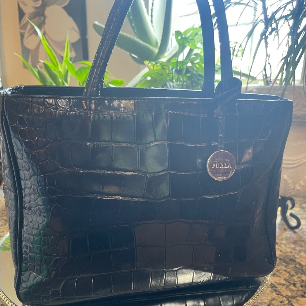 Furla Black Croc-Embossed Bag.EUC